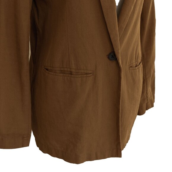 Old Navy Linen Blazer Tan Minimal Classic Academia Mustard Long Jacket Coat - Picture 5 of 8